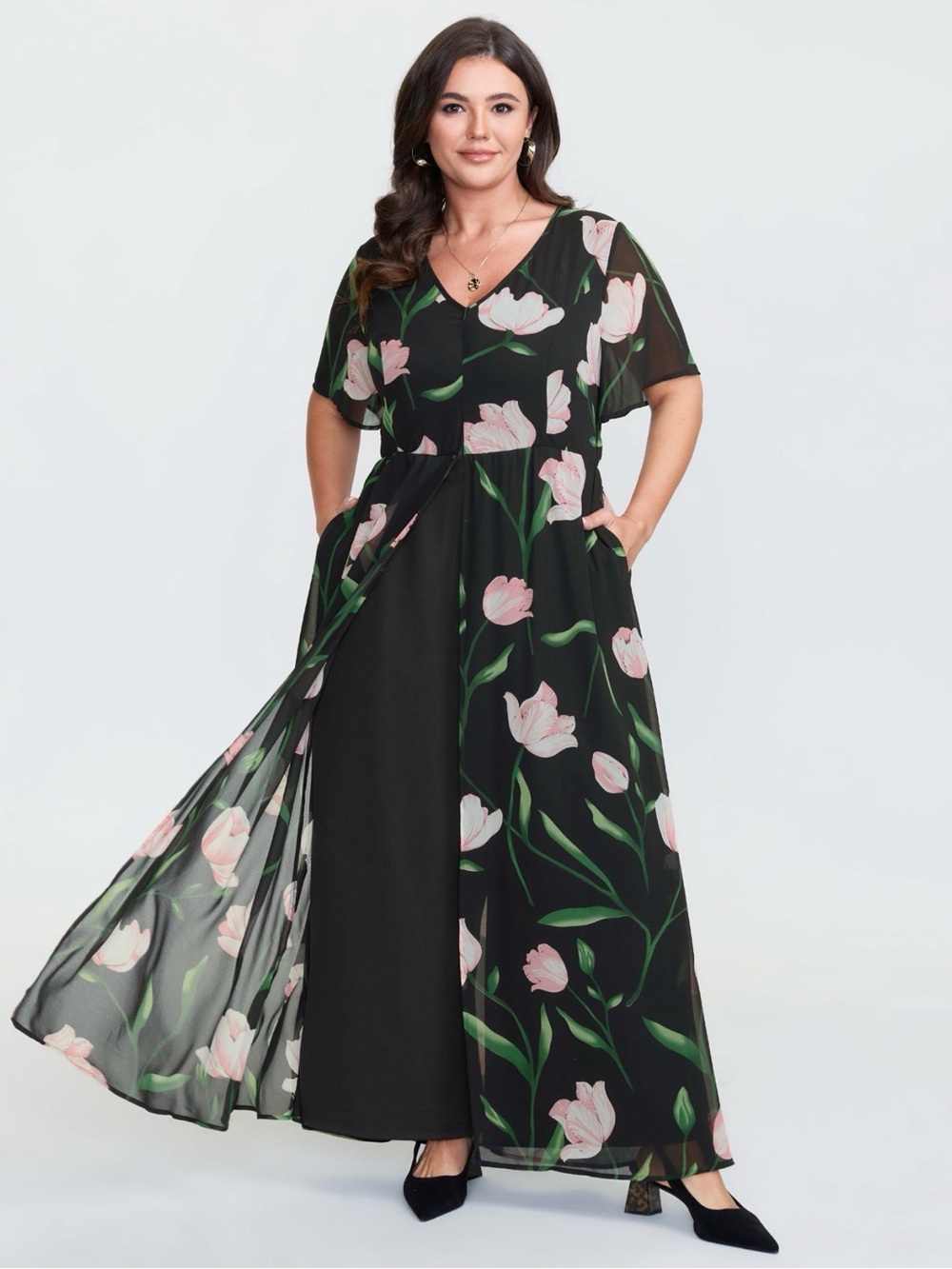 BloomChic Black Floral V-Neck Jumpsuit with Pink Tulip Print